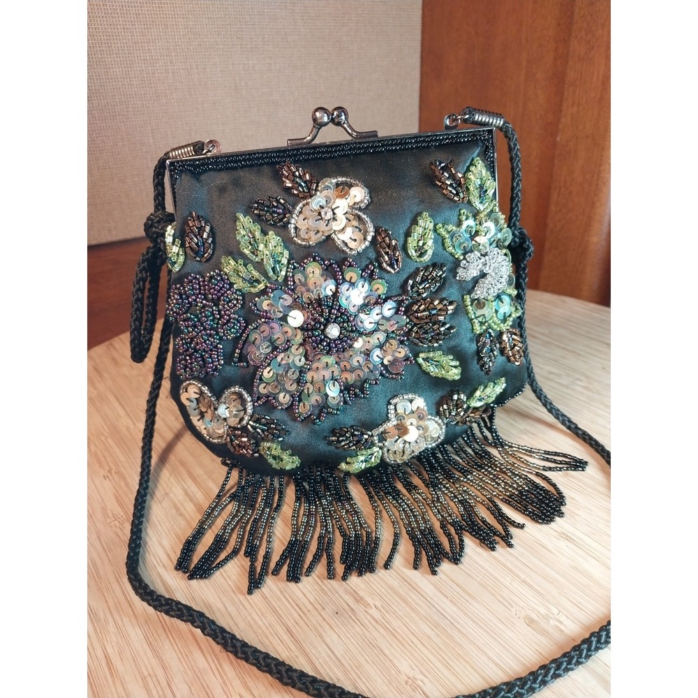 Lancome Black Multi Color Beaded Sequined Small 6" Snap Evening Bag Corded Strap - Picture 10 of 16